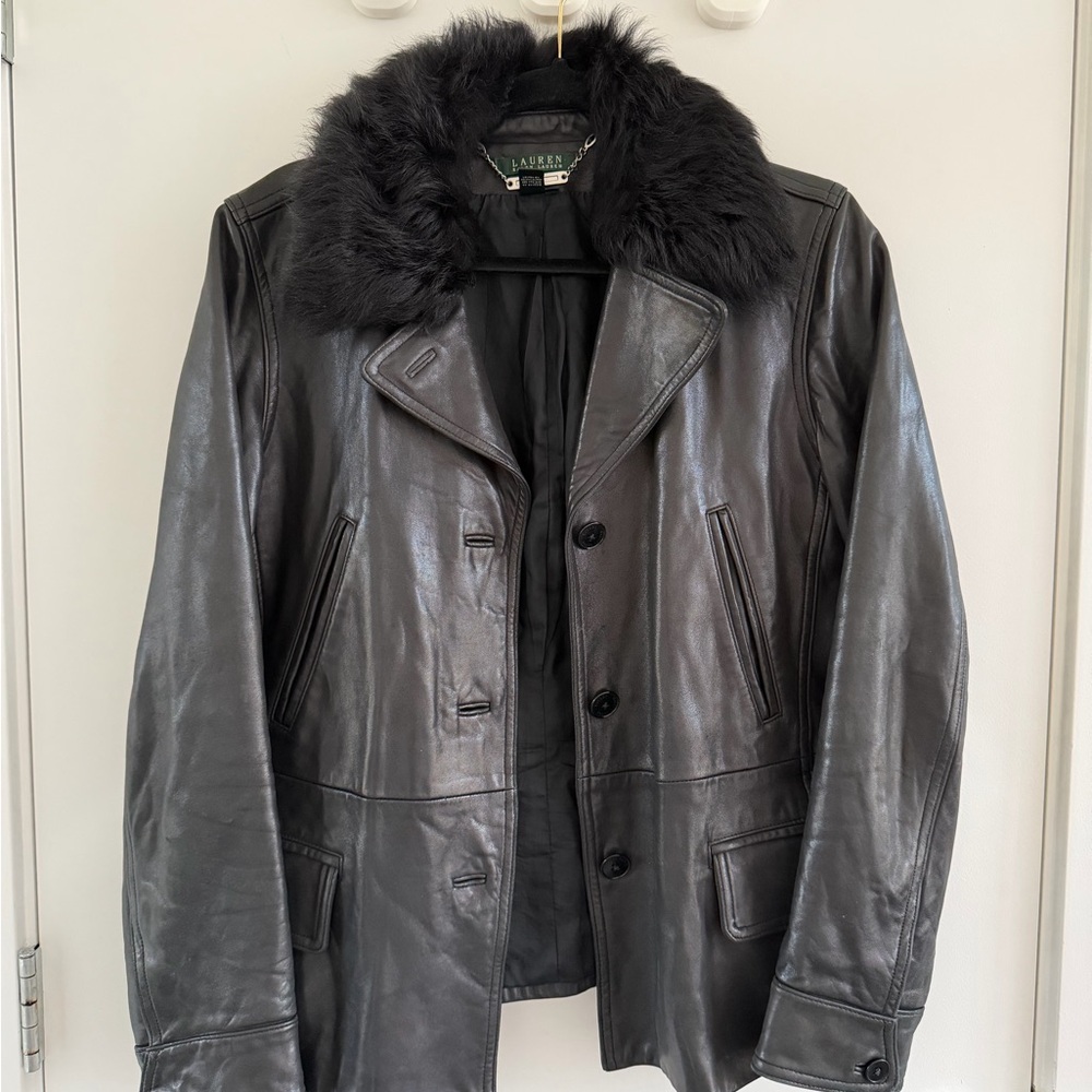Ralph Lauren Black Leather Jacket with Faux Fur Collar